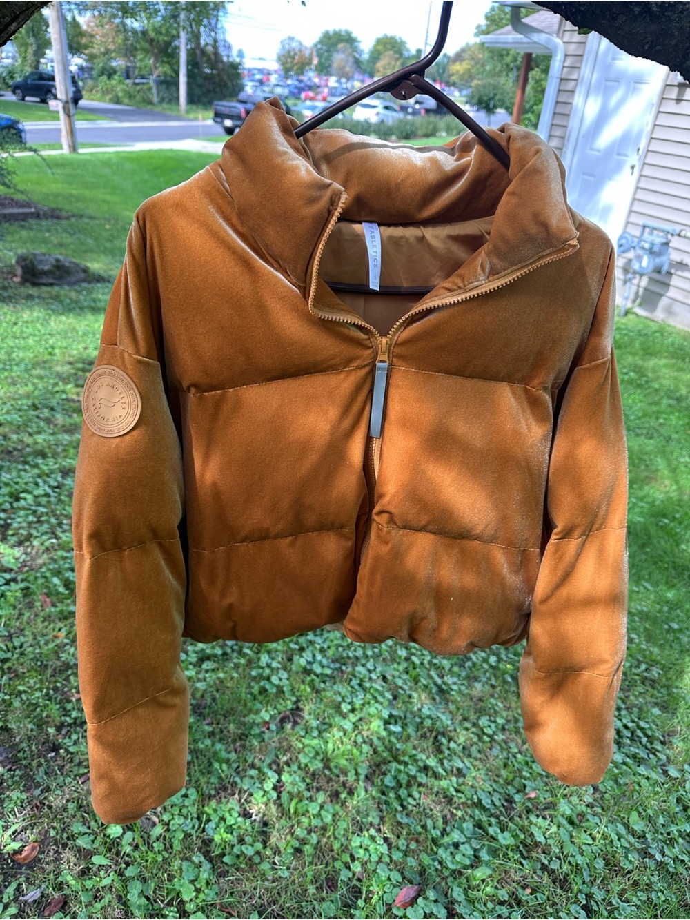 Fabletics Velvet-Look Cropped Puffer Jacket in Rust